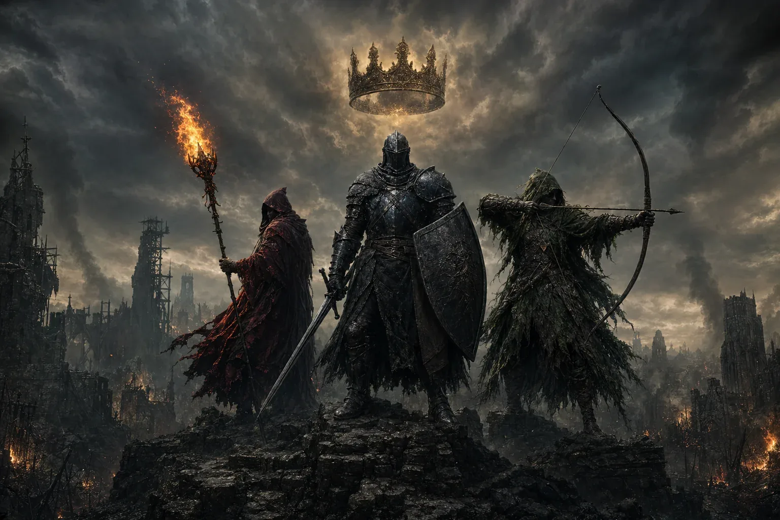 A knight, a fire mage and a ranger stand over a burning city beneath a floating crown